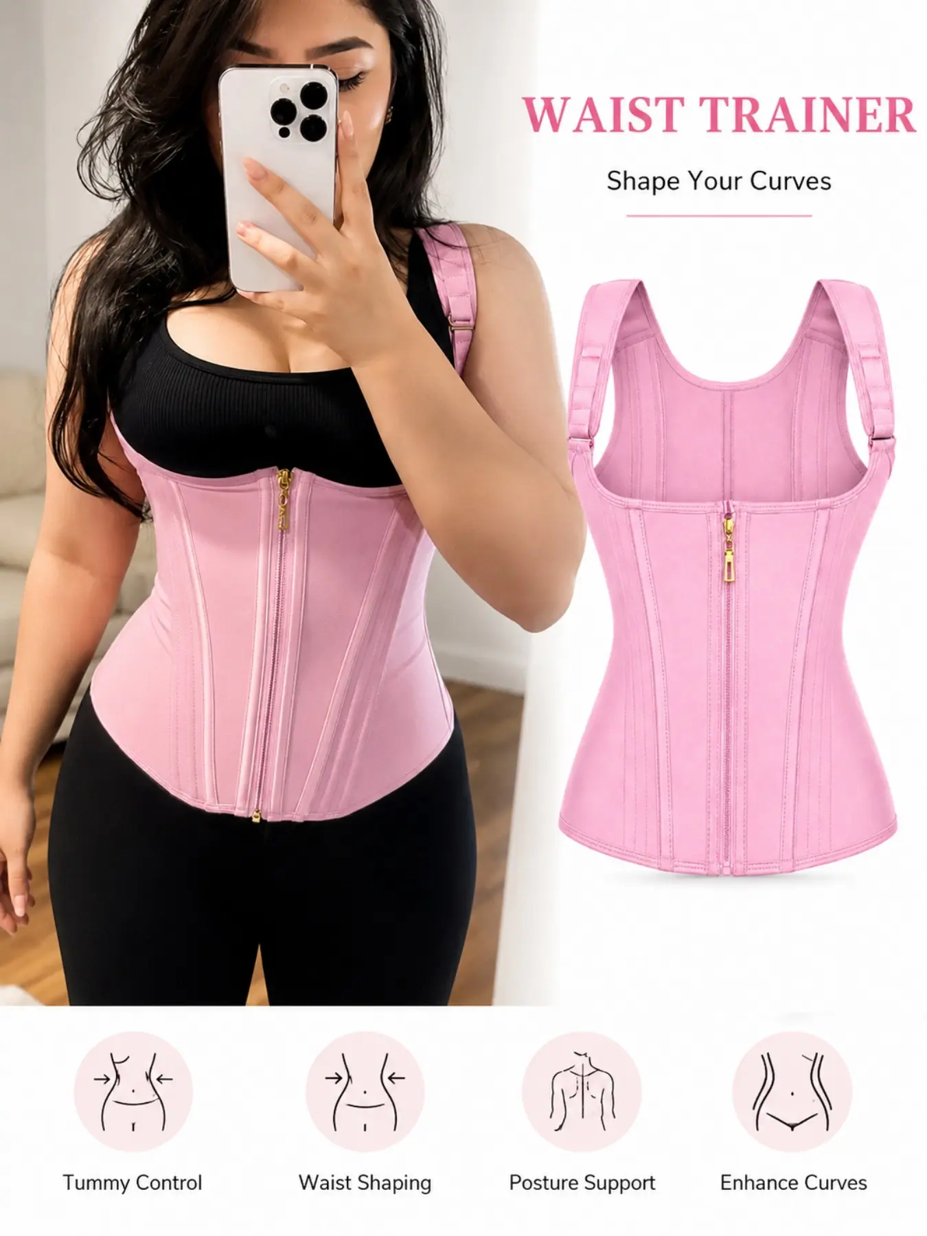 Women’s Zipper Waist Cincher Tank, Supportive Shapewear Vest with Adjustable Shoulder Straps, Inner Hook Closure, Flexible Boning and Contoured Side Panels for Midsection Control and Posture Support