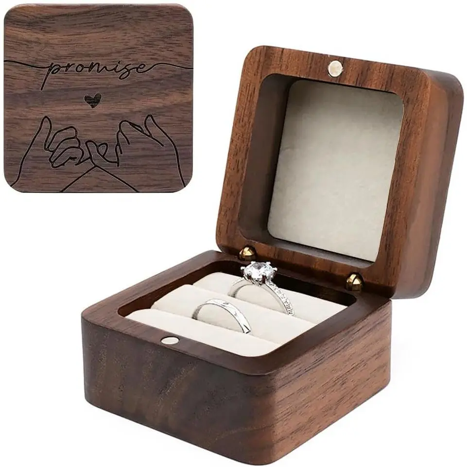 Wooden Double Ring box,Rustic Ring Case,Solid  Square  Storage Box-ring bearer pillow for Wedding Ceremony, Engagement(White )