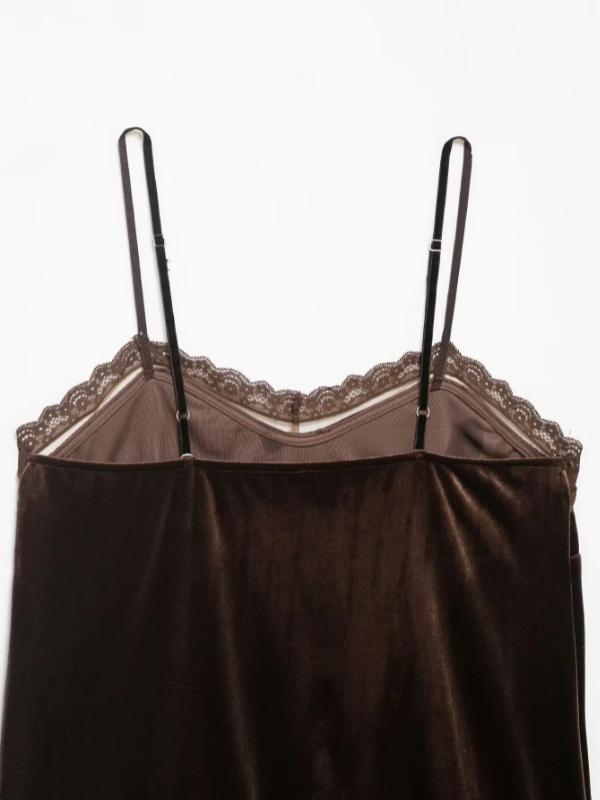 Aria Muse Women Fashion Velvet Lace Patchwork Sling Top Sleeveless V Neck Tank Tops 2026 Summer Trend High Street Lady Chic Tops