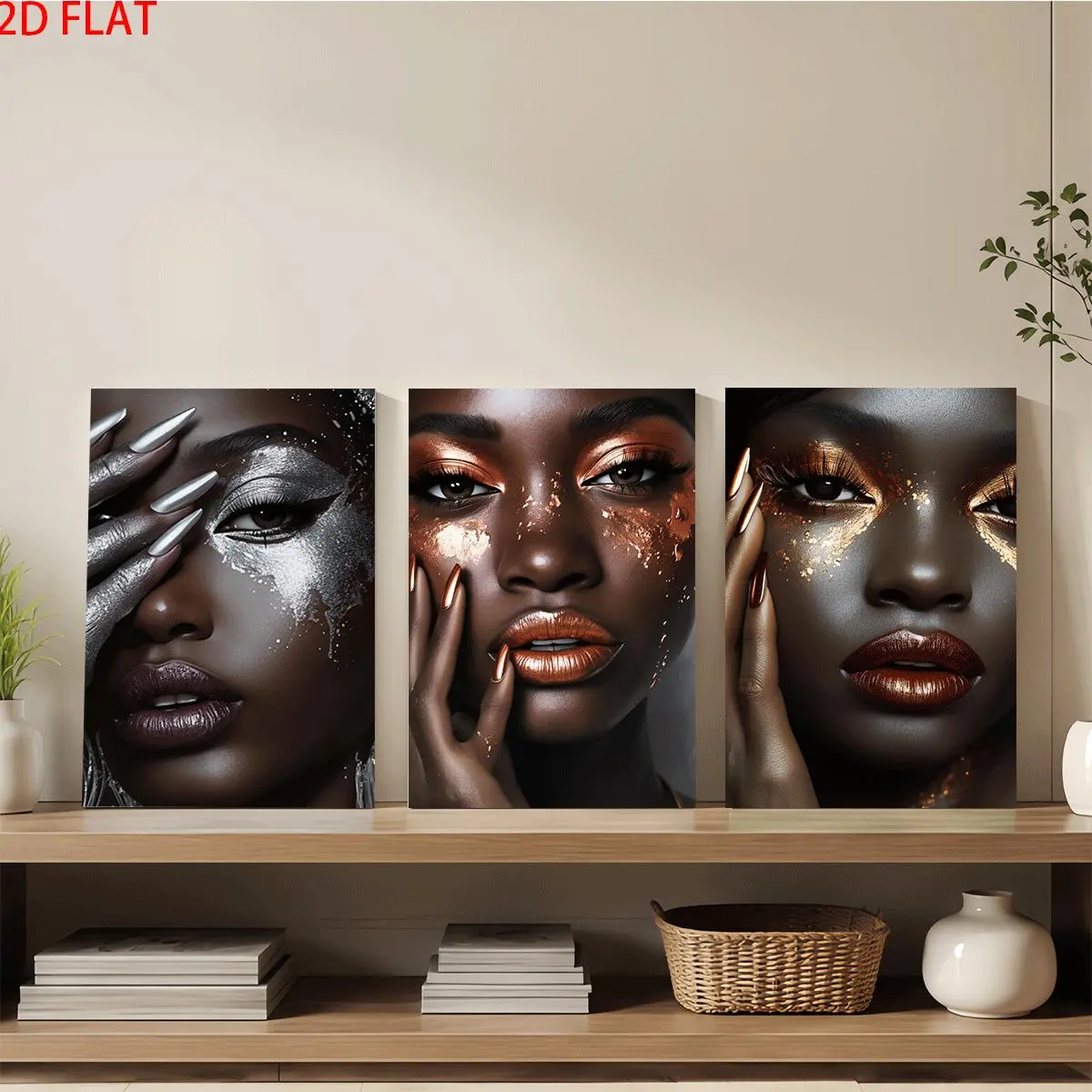 3Pcs Framed 2D Canvas Wall Art Prints - Black Women Portraits with Metallic Makeup & Nails, Home Decor for Living Room/Bedroom, Ideal Birthday/Housewarming Holiday Gifts wall decor wall art