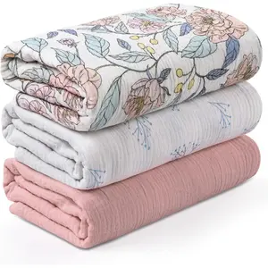 3 Pack Breathable Soft Receiving Blanket, Large 38 x 40 inches Swaddle Wrap Burping Clothes, Essentials Infant Shower Items, Toddler Gift (Cute Flower)