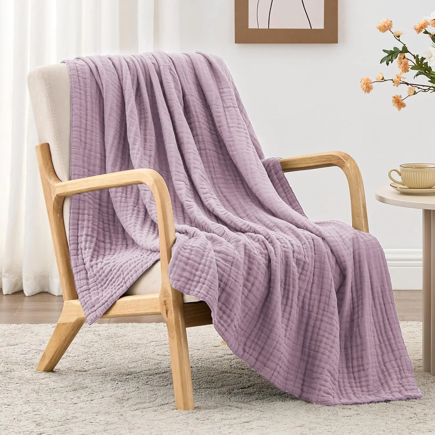 100% Cotton Muslin Blanket, 6 Layer Lightweight Breathable Gauze Throw Blanket 50 x 60 Inches, Soft All Season Blanket for Couch, Bed, Sofa, Lavender