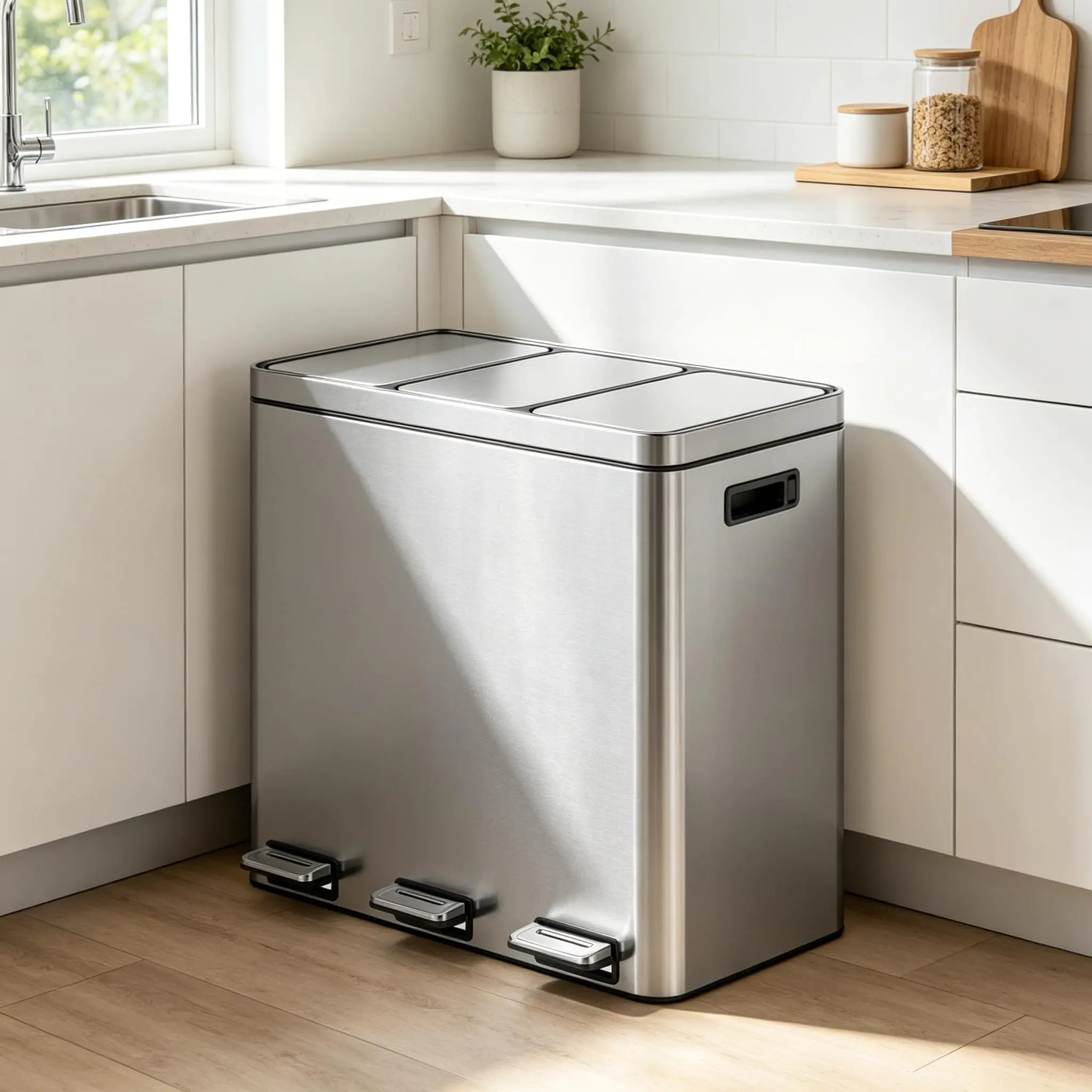 GARVEE 60L Dual Compartment Brushed Finish Stainless Steel Kitchen Bin - Step-On Pedal Hands-Free Operation, Soft-Close Lid, Removable Inner Buckets for Waste Recycling Management