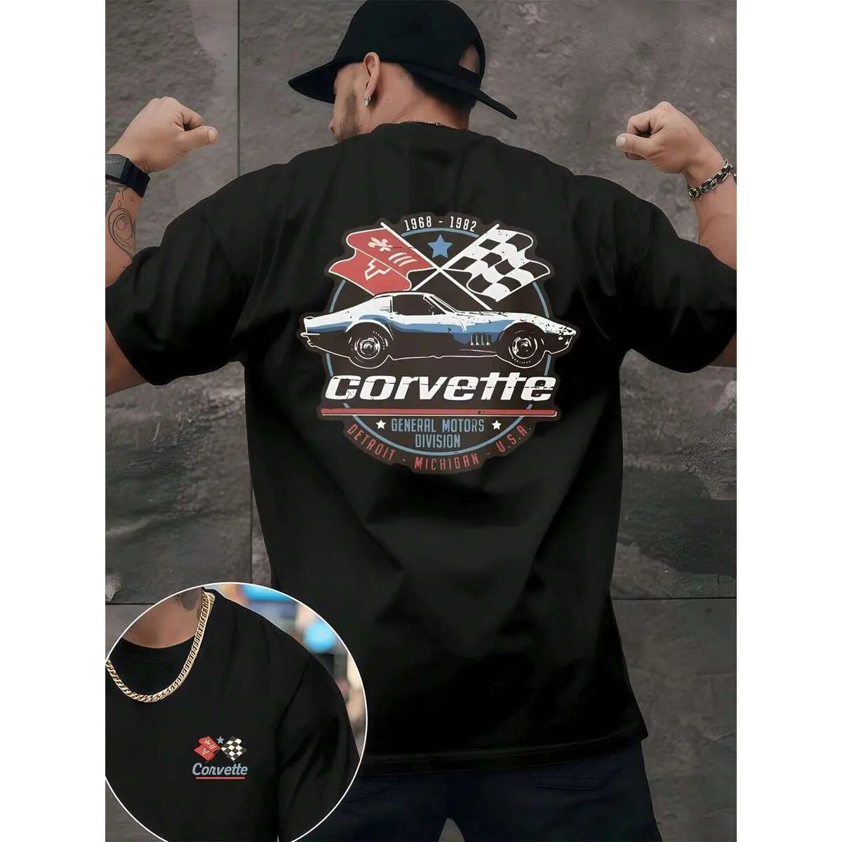 Corvette Racing Flag Short-Sleeve Round Neck Casual Cotton Blend T-Shirt - Premium Double-Sided Printed, Durable, Classic Fit, Vintage, Lightweight Sports Top Essential, Shortsleeve, Tops