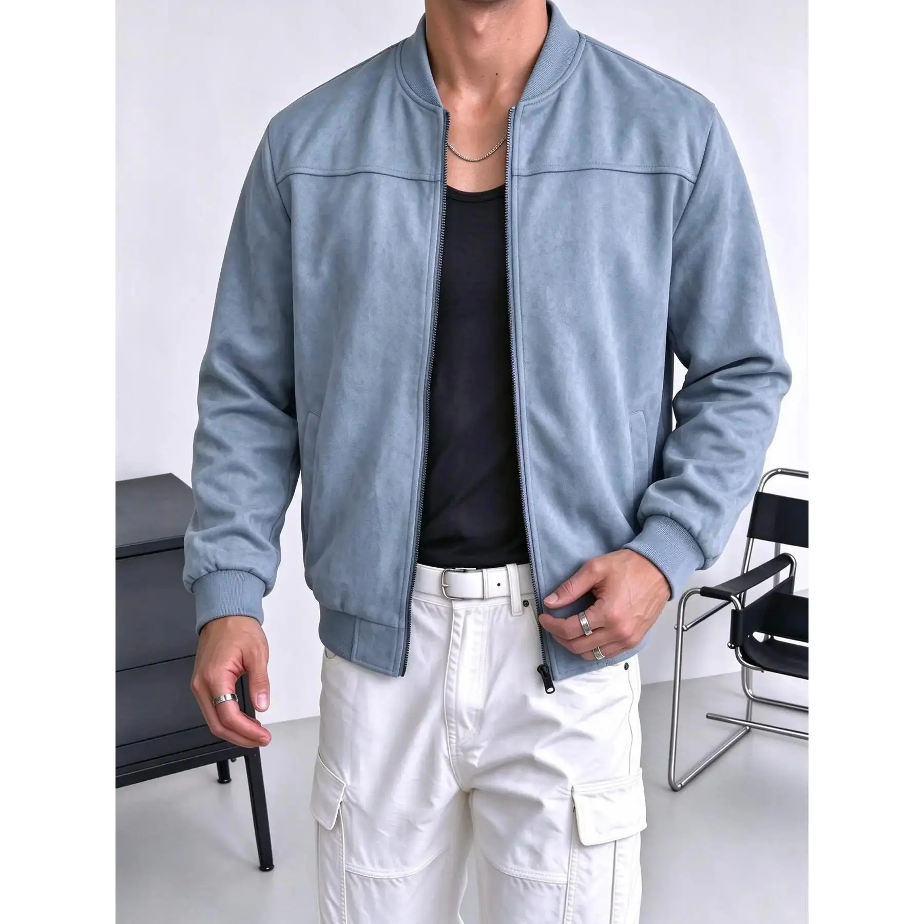 Men’s suede bomber jacket with ribbed collar and cuffs, , a stylish and practical top suitable for autumn.