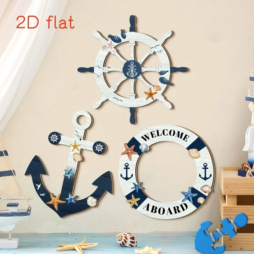 3 Piece Mediterranean Style Blue Ship Anchor Rudder Set, Wooden Vintage Decorative Plaques, Bar Entrance Home Room Decoration, Ocean Inspired Design