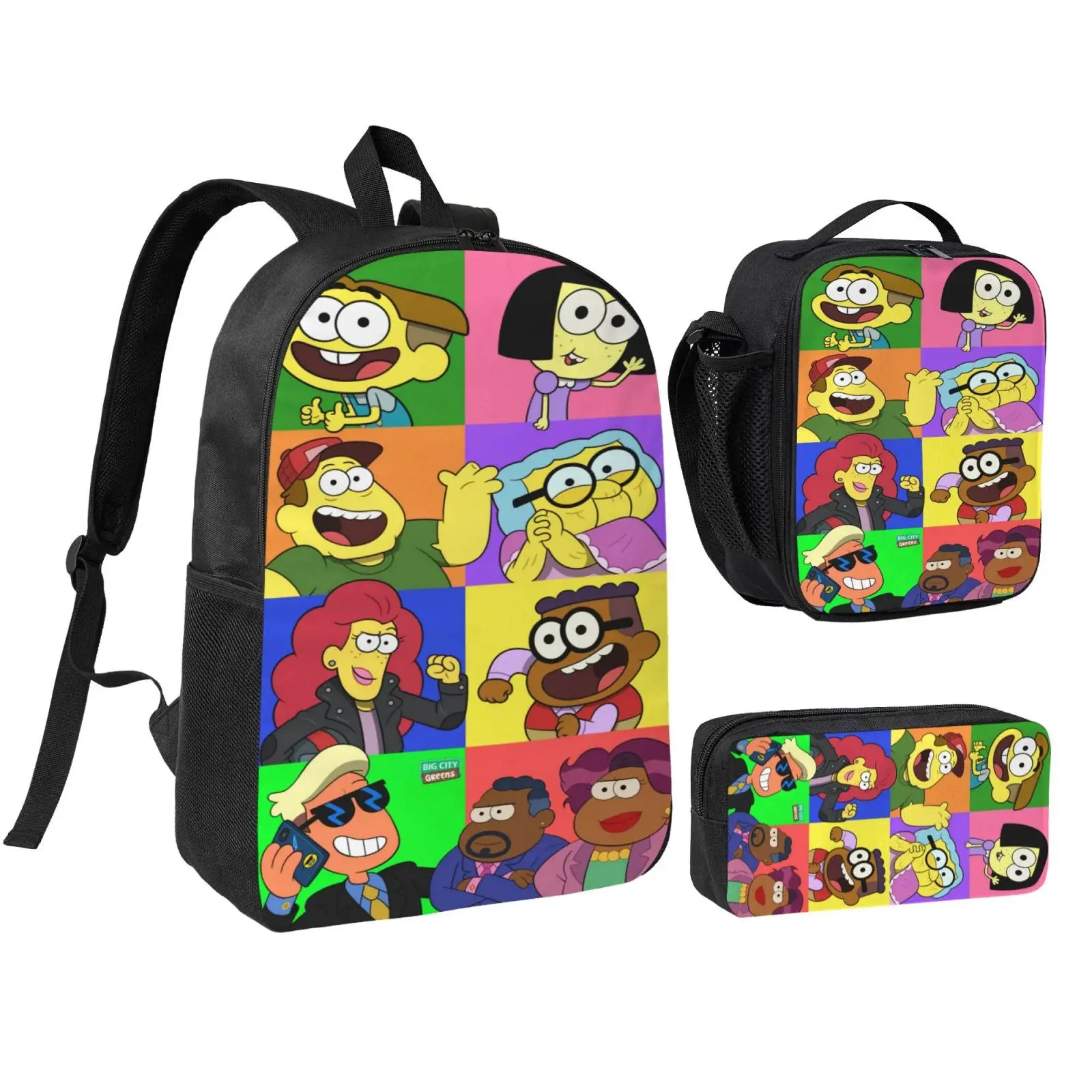Big City Greens Laptop Backpack 3 Piece Set with Lunch Box And Pencil Case, 3D Printed Lightweight High-capacity Bookbag Fashion Bento Backpack