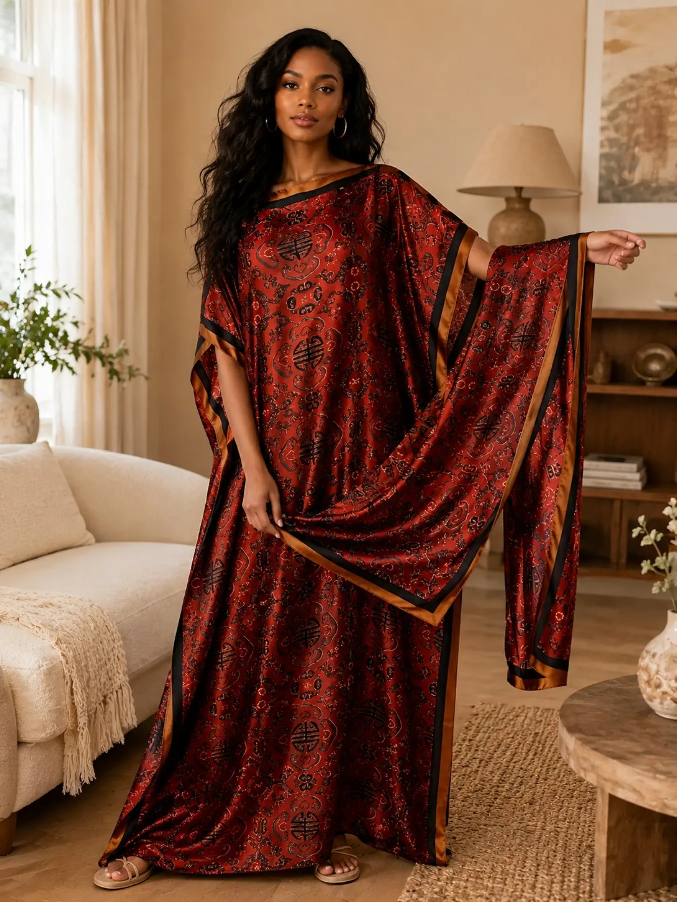 Women's Two-Piece Satin Kaftan Set, Floral Print Long Sleepwear with Matching Headscarf, Loose-Fit Casual Home Wear for Beach Holidays, Boho Caftan Kaftan Dress