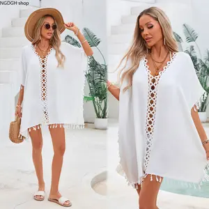 Poncho Cover Up Tassel Lace Oversized Tunic - Trendy White V Neck Fringe Beach Kimono with Short Sleeves & Openwork Detail, Lightweight Breathable Flowy Design Perfect for Beach Vacation Pool Party & Summer Coastal Getaways