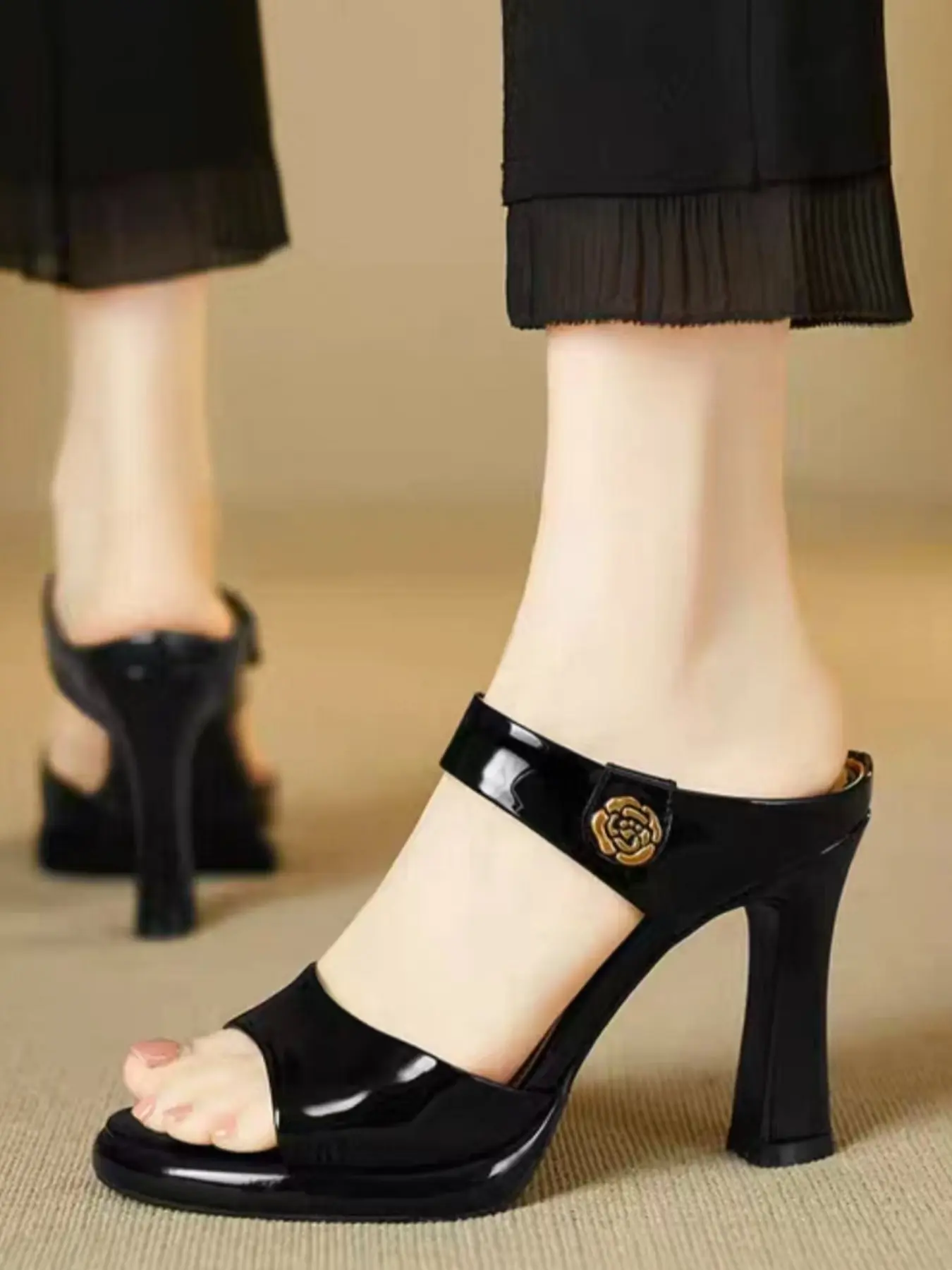 French Luxury Glossy Leather Sandals, Wide Strap with Metal Flower Buckle, Comfortable Heel, Perfect for Work and Evening Events