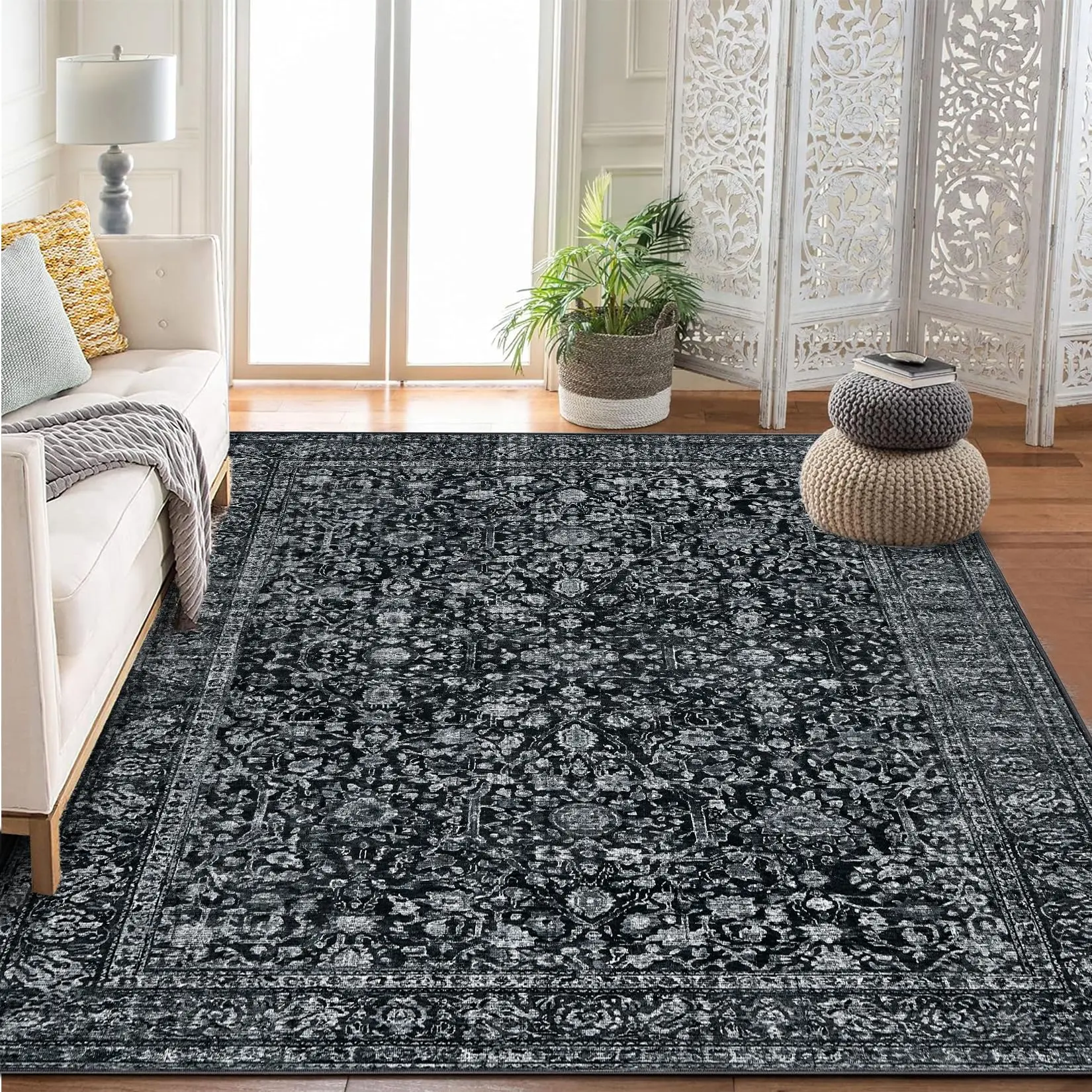 Garvee Vintage Floral Boho Area Rug 5x7 ft - Large Washable, Non-Slip, Low Pile Carpet for Living Room, Bedroom, Dining Room, and Indoor Spaces in Black