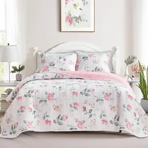 Floral Set Queen Size 88x88 with Pink Yellow Flower Soft Microfiber Lightweight Coverlet Bedspread Reversible Summer 3pc Quilted Bedding Set Bed Cover for son (1+ 2 Shams)