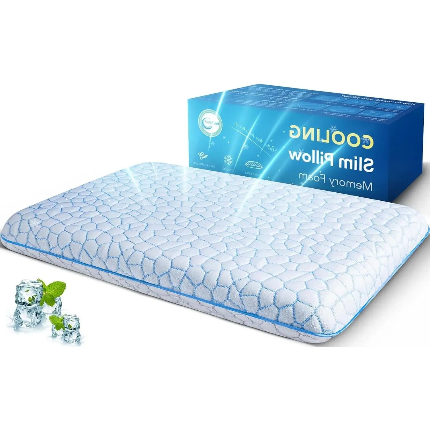 Ultra Thin Cooling Memory Foam Pillow, 2.75 inch Low Profile Flat Pillow for Stomach Sleepers, Neck and Back Support, Slim Pillow for SleepingGift