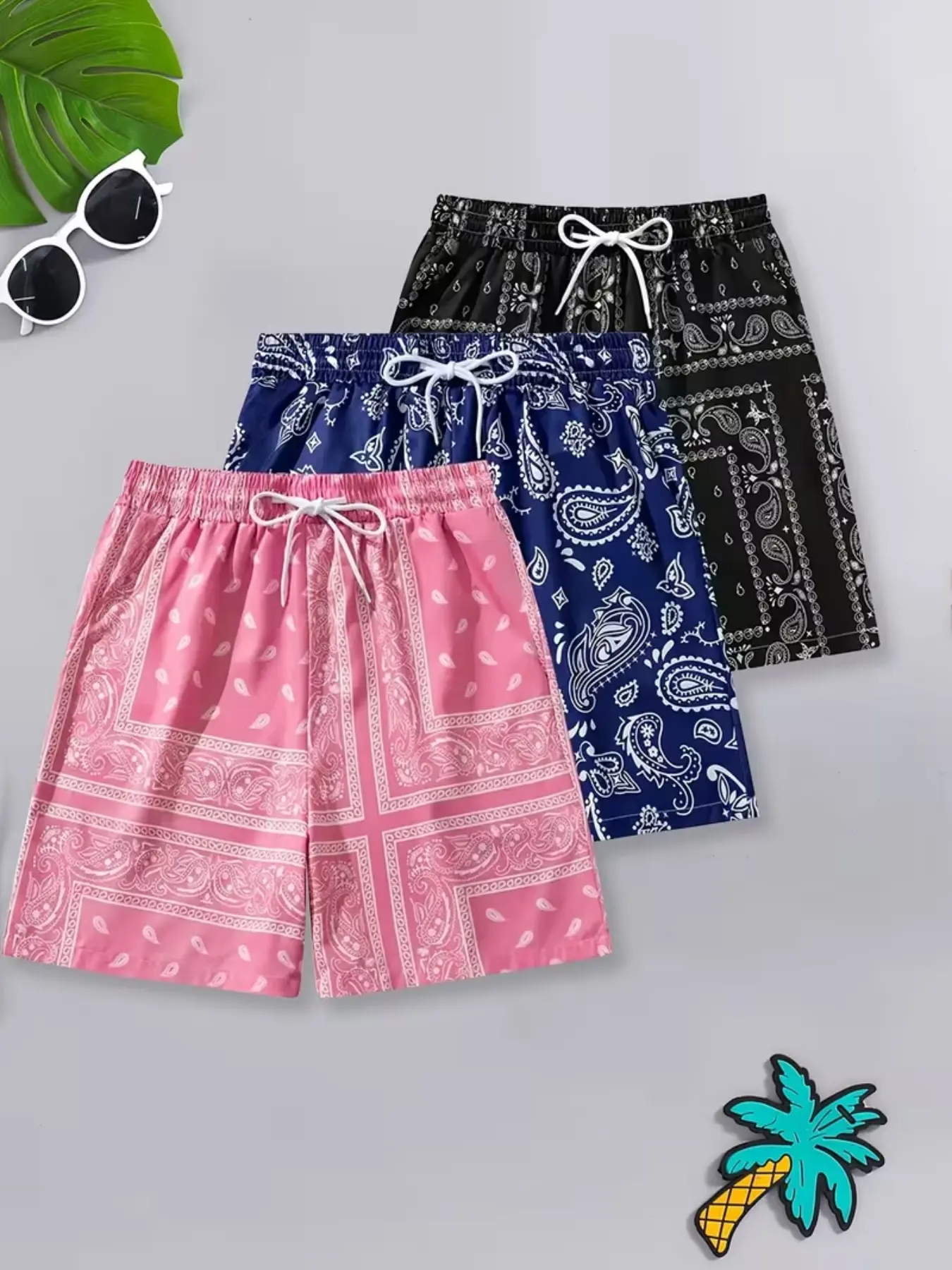 3-Pack Men's 3D Paisley Pattern Shorts, Elastic Waist Tie-Back Casual Pants, Couple Summer Surf Beach Shorts, Trendy Fashion