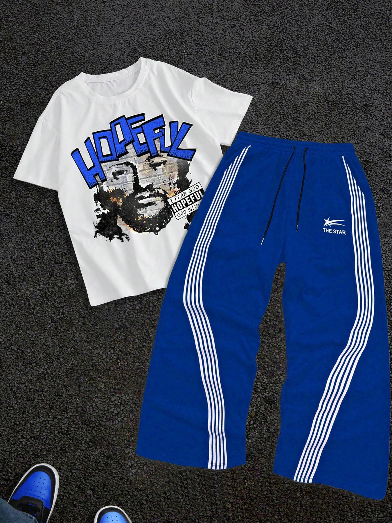 Men's Letter Print Short Sleeve Graphic Tee & Side Stripe Drawstring Waist Pants Two-piece Set, Regular Fit Round Neck T-shirt & Pocket Trousers, Casual Fashion Cozy Breathable Men Outfits for Spring & Fall