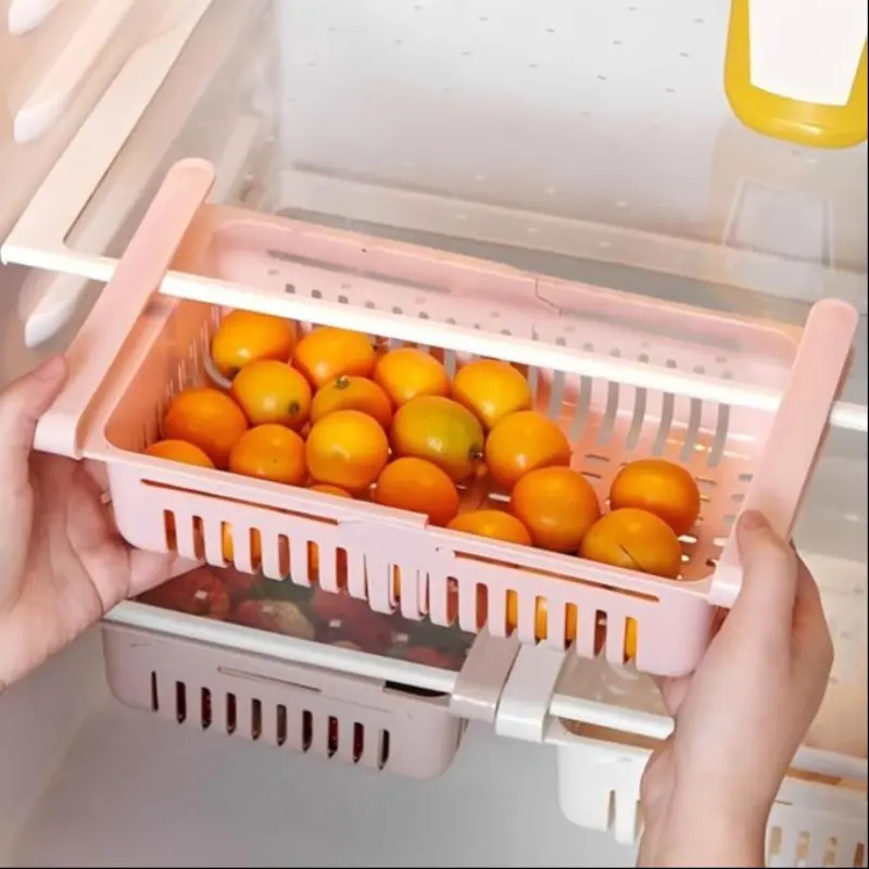 1 Pc Expandable Fridge Storage Basket – Adjustable refrigerator organizer for eggs and food. Space-saving sliding shelf for kitchen storage, durable multi-purpose holder for home organization.