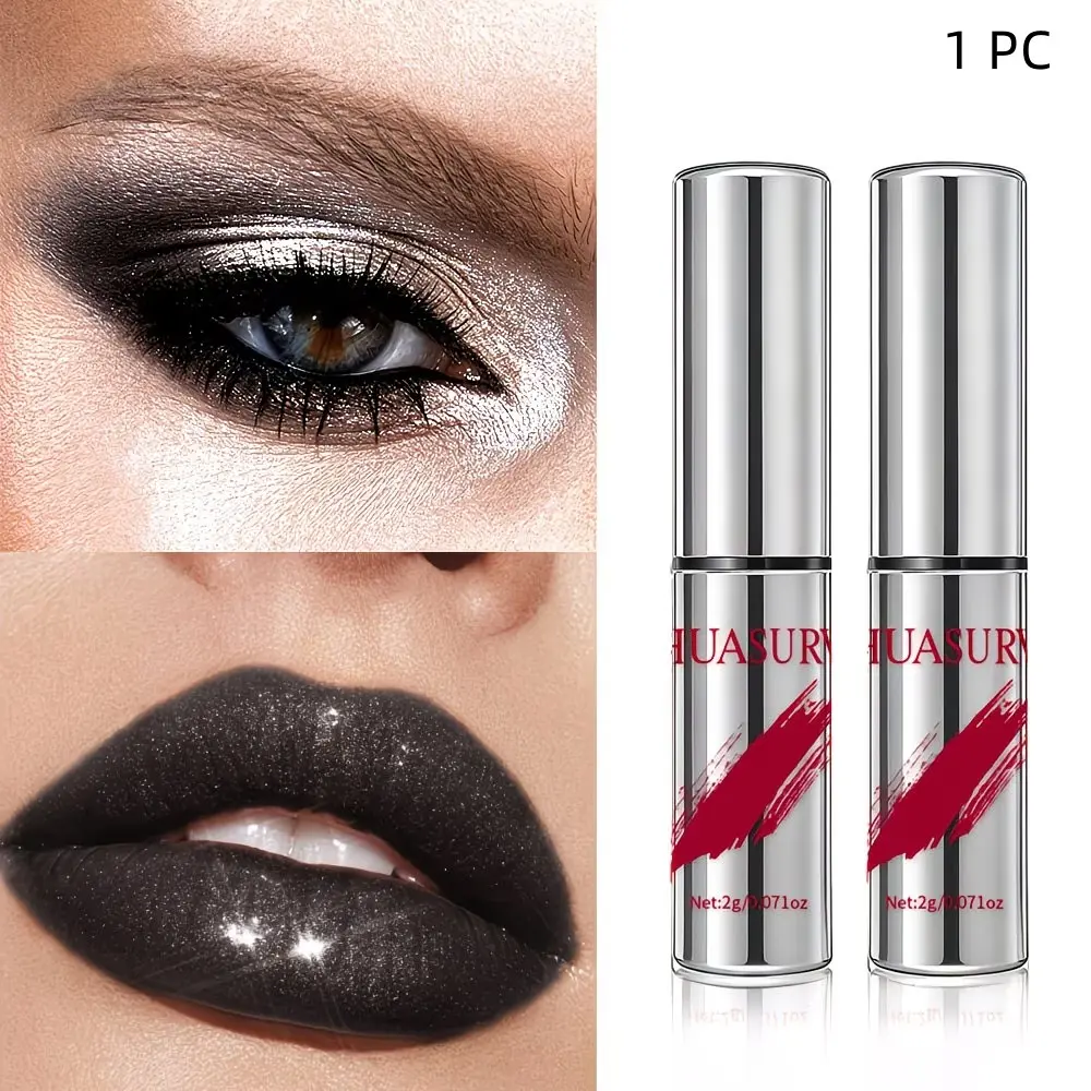 Shimmer eyeshadow stick, black highlighter eyeshadow, black glitter lipstick pen, jelly texture, smooth and easy to apply, waterproof, dark smoky eyeshadow, suitable for cosplay, gothic rock, Halloween, music festivals, parties, and other occasions