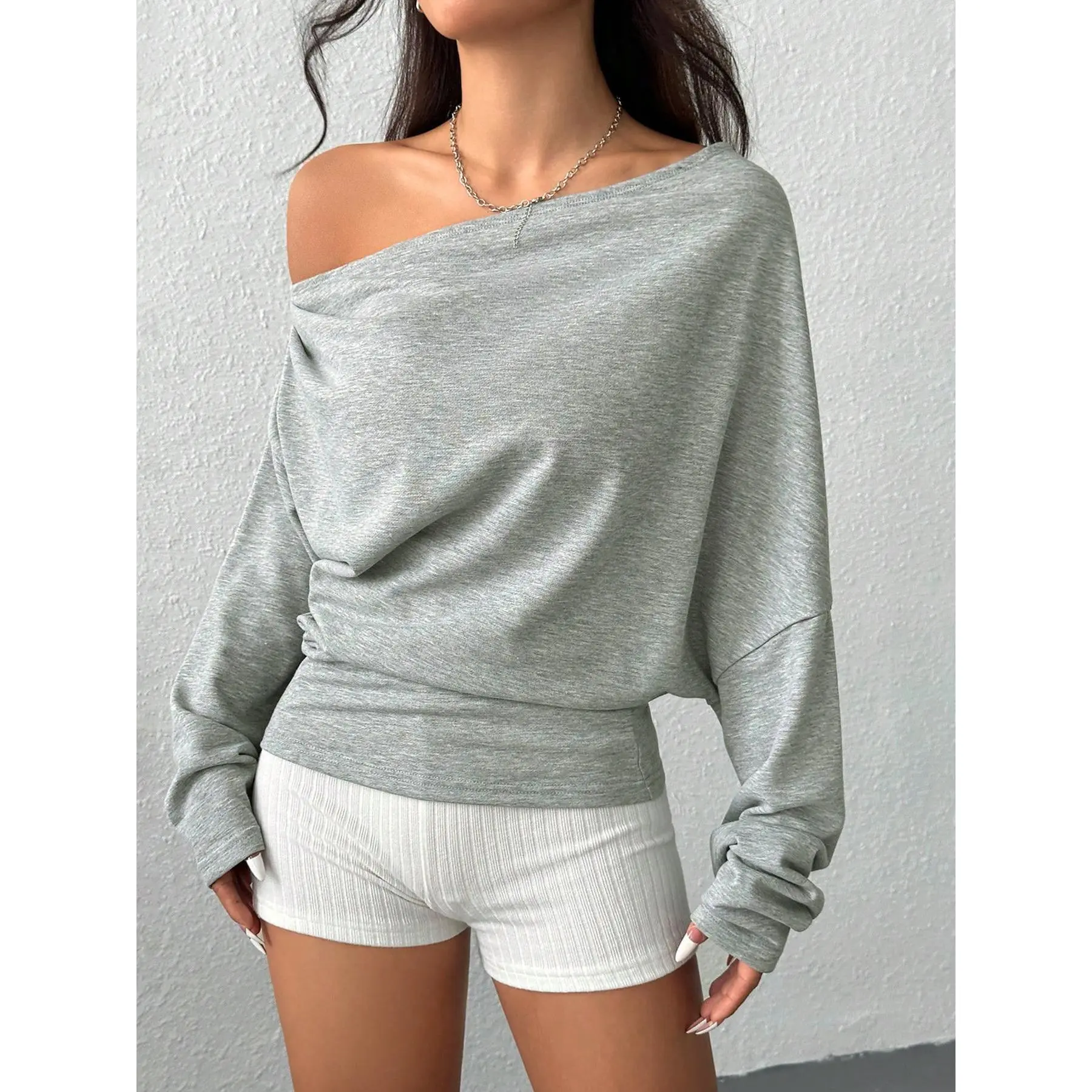 Women's Off Shoulder Long Sleeve Top Draped Neckline Dolman Sleeves Ruched Waist Detail Oversized Silhouette Trendy Casual Style Perfect for Daily Wear Night Out