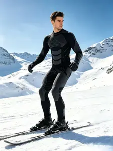 Winter Mens Functional Compression Thermal Underwear Set, Geometric Knit Seamless Warm Base Layer Outfit, Sweat Resistant Elastic Skinny Long Johns for Ski Snowboarding Mountain Sports Fitness Training Daily Outdoor Activity