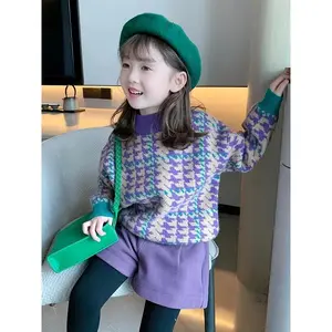 Girls' Knitted Sweater Winter New Style Children's Fashionable Pullover Base Shirt Baby Korean Style Fleece-Lined Top Trendy