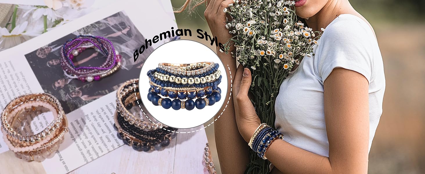 6 Sets Bohemian Stackable Bead Bracelets for Women Stretch Bohemian Style Stretch Multilayered Boho Bracelet Set