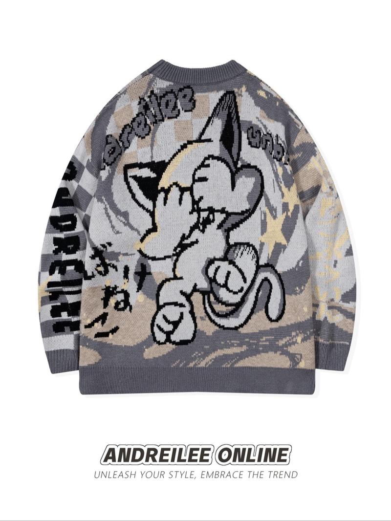 Men's Cartoon Print Round Neck Sweater Knitwear Tops, Loose Casual Long Sleeve Crew Neck Jumper for Spring & Fall, Menswear, Graphic Sweater, Street Casual Jumper