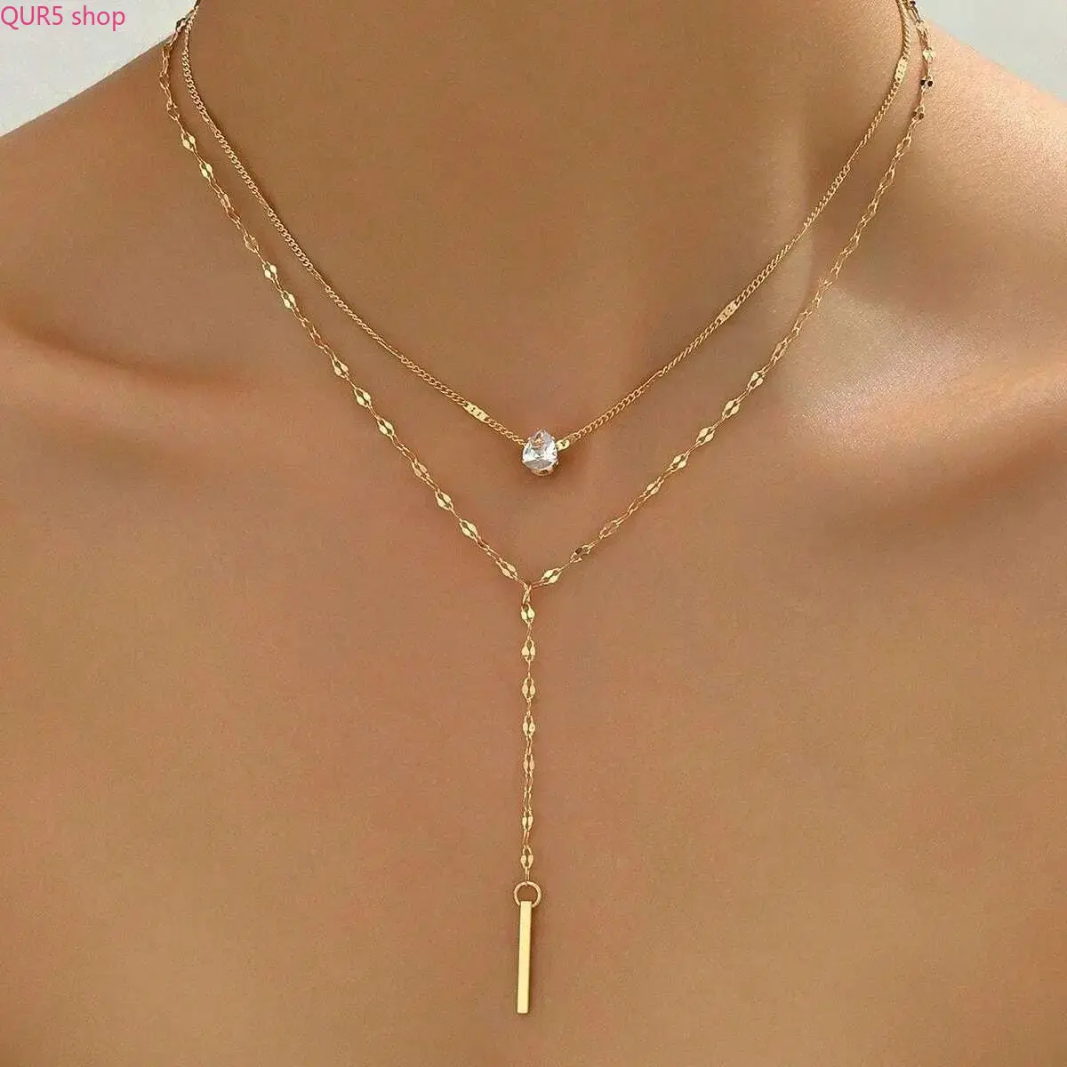 Female 2-Piece Dainty Crystal Y-Drop Layered Necklace - Gold Silver Lip Lariat Choker, 38cm Adjustable Chain with 5cm Extension, Delicate Stack Jewelry for Daily Outfits & Date Night Outfit Summer Wear