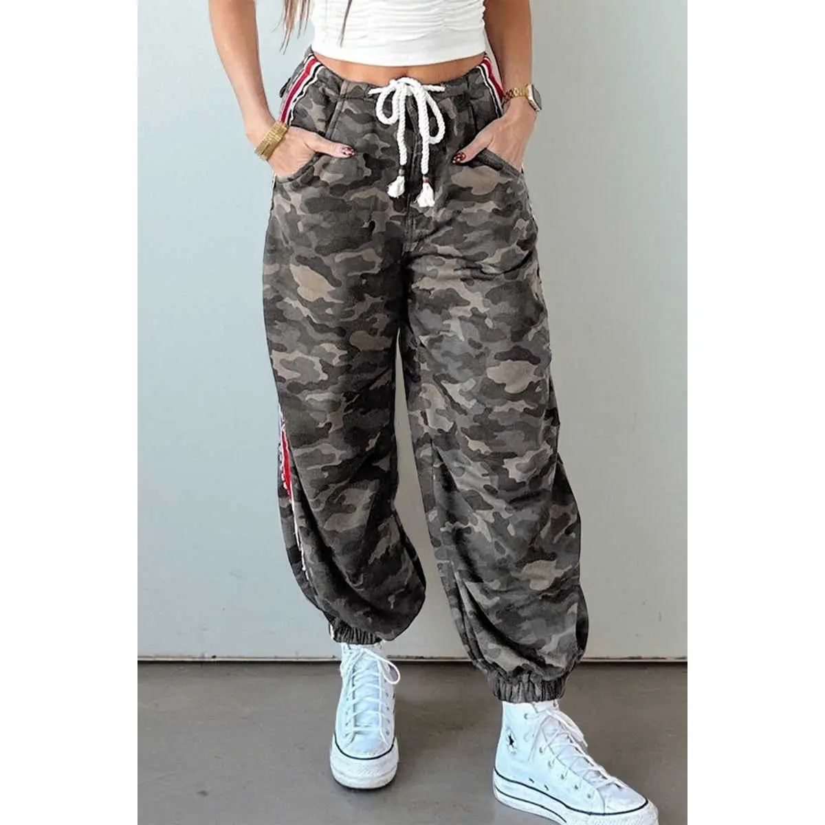 Women's Soft Athletic Green Camouflage Print Pants with Striped Side Panels, Patchwork Design, Drawstring Waist – Everyday Statement Bottoms
