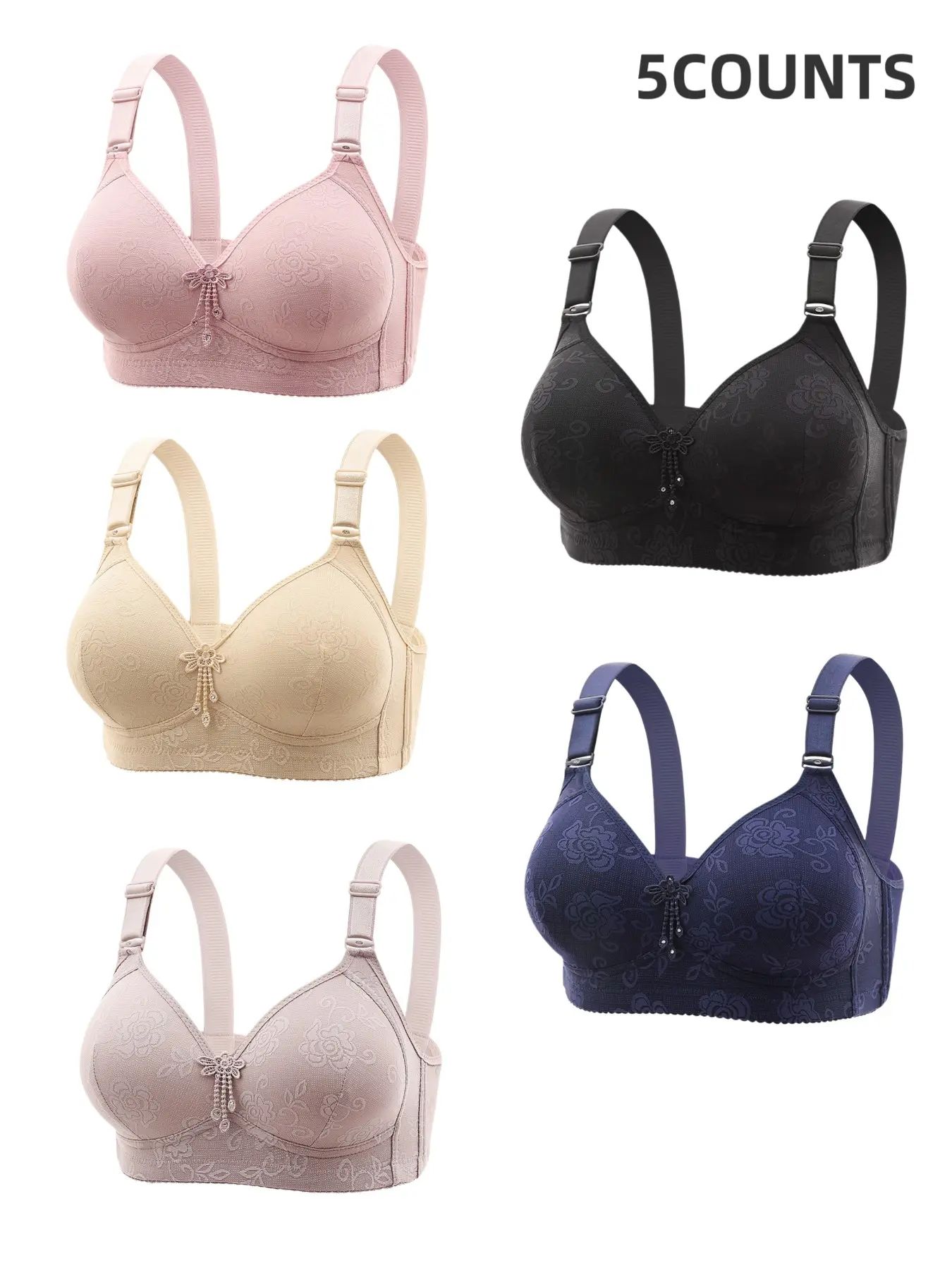 5-Pack Women's Lace Wireless Push-Up Bras, Seamless Comfort Fit, Daily Wear Underwire-Free Bra, Breathable Soft Fabric, Full Day Support