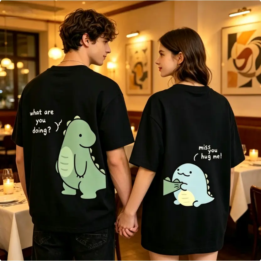Men's Unisex 100% Cotton Dinosaur T-shirt - Cozy Streetwear Couple Matching Shirts for Anniversary Outfits, Casual Pajama Vibe Tees