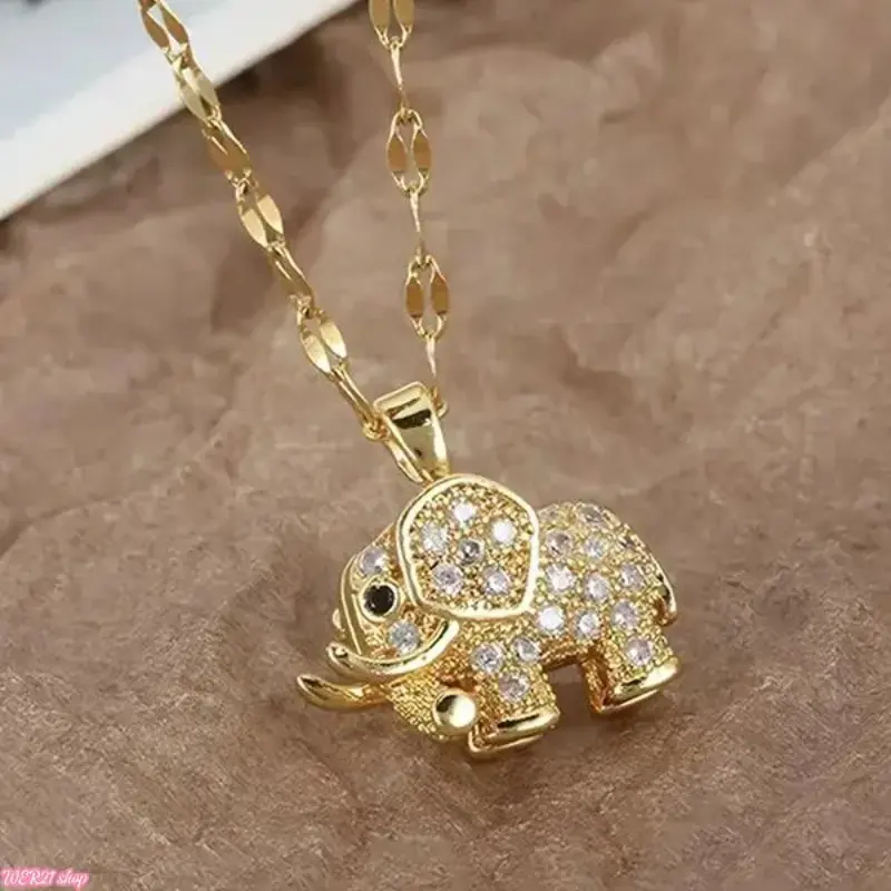 [WER21]14K Gold Vintage ethnic-style zircon elephant pendant necklace, stainless steel chain, casual everyday wear, creative party design, women’s jewelry