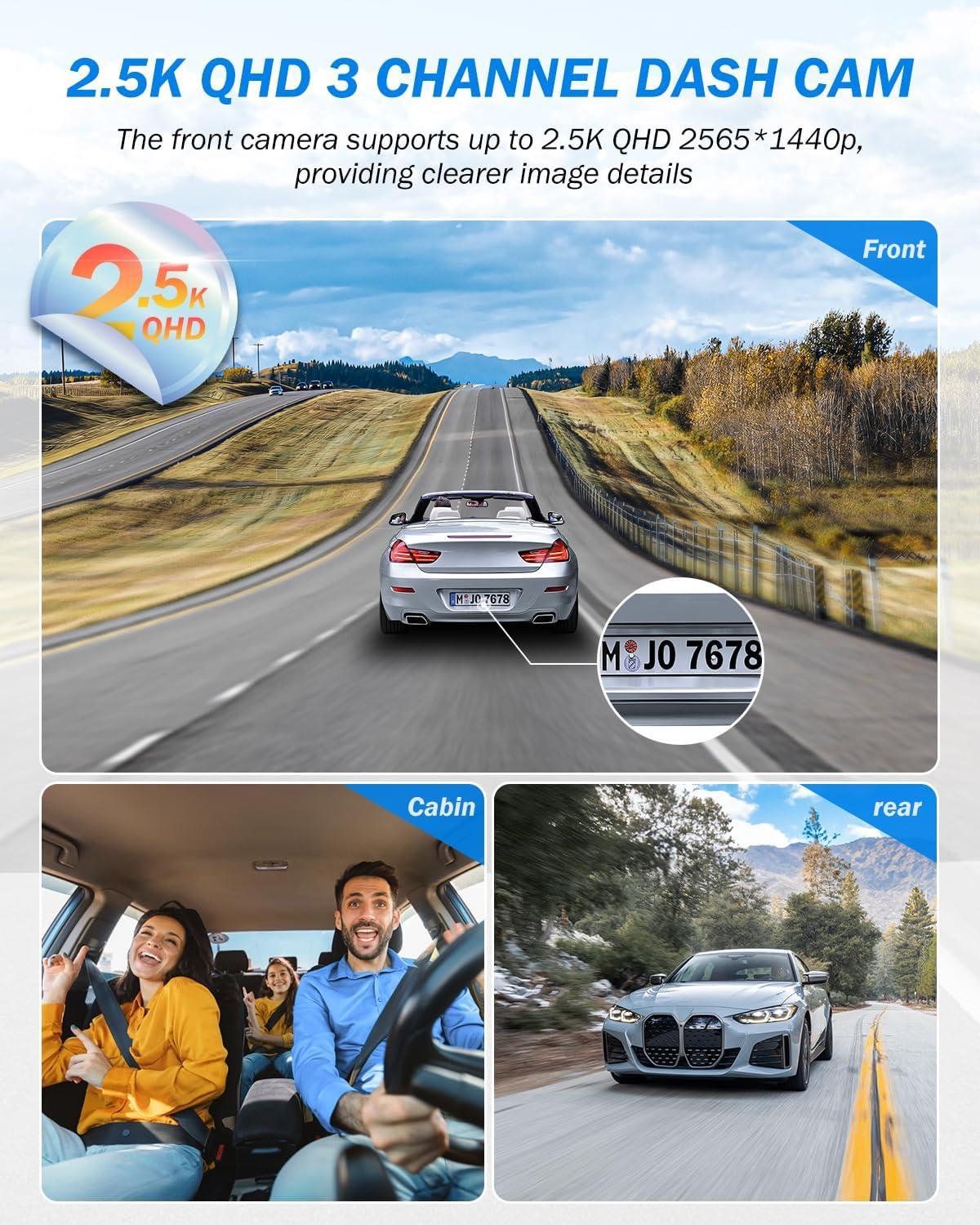 Dash Cam Front and Rear, 2.5K+1440P Triple Car Camera with 32GB Card, 3 Channel Dash Camera for Cars, G-Sensor, 3.16" IPS Screen, 24Hr Parking, 170°Wide Angle, Loop Recording, IR Night Vision, Blue