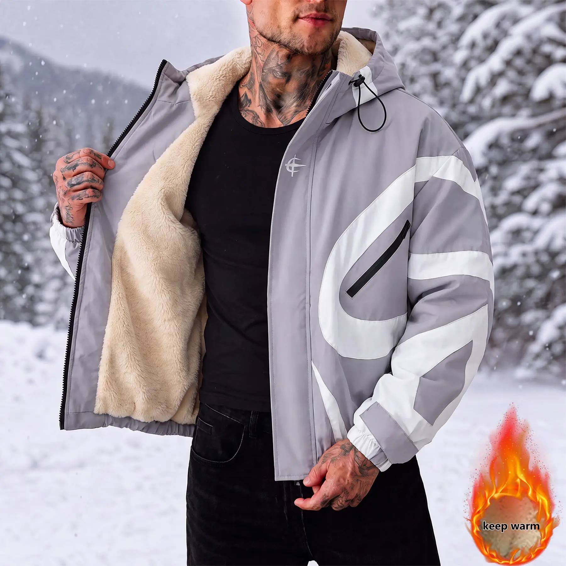 Men's Winter Hooded Jacket, Warm Fleece Lined Windbreaker Coat, Color Block Athletic Outerwear, Water Resistant Casual Jacket with Full Zip, Thick Winter Coat for Outdoor Hiking, Streetwear Fashion Style