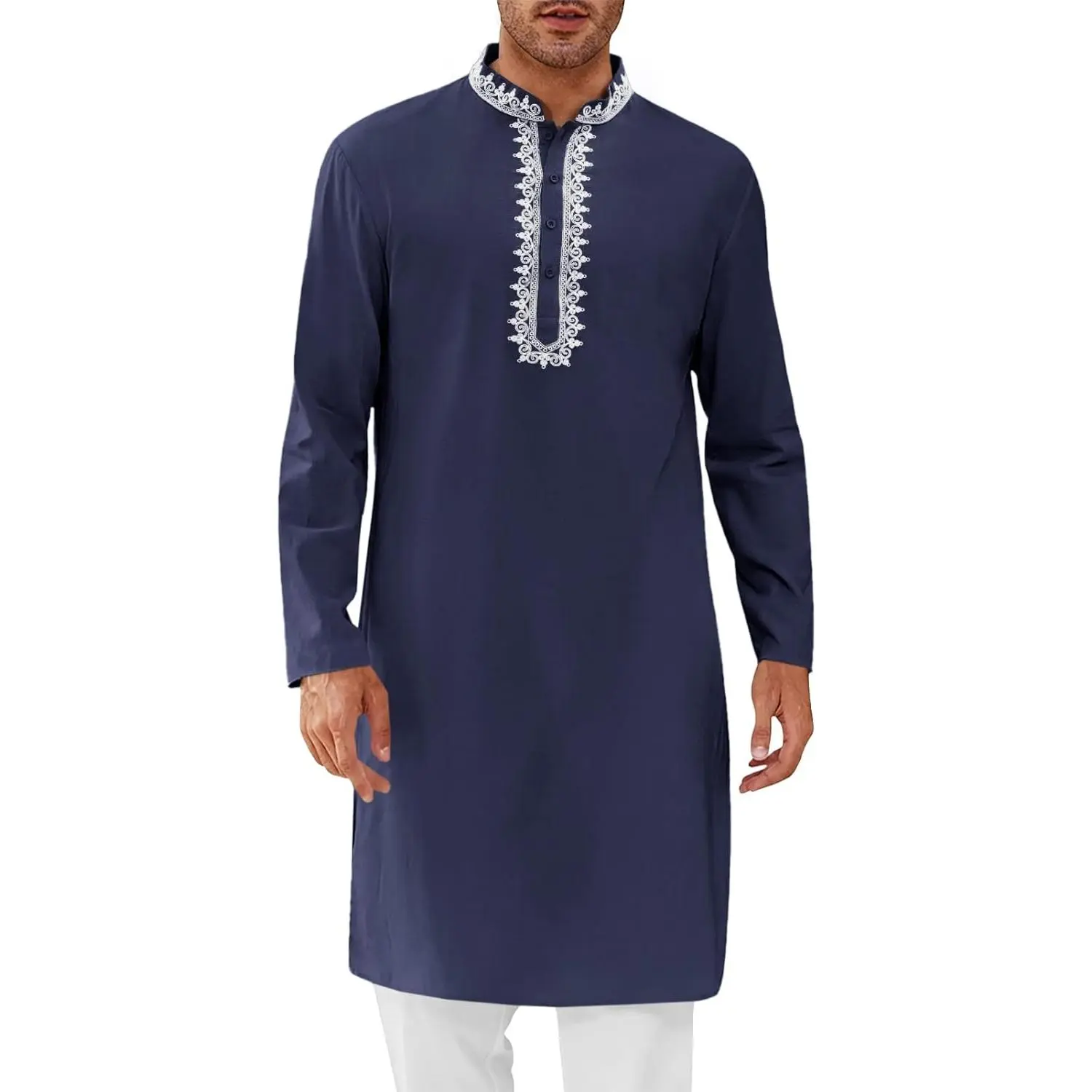 Runcati Men's Cotton Loose Fit Henley Nightshirt - Long Sleeve, Embroidered, Elegant Vintage Kaftan Thobe Kurta Robe for Wedding, Party Casual Wear, Solid