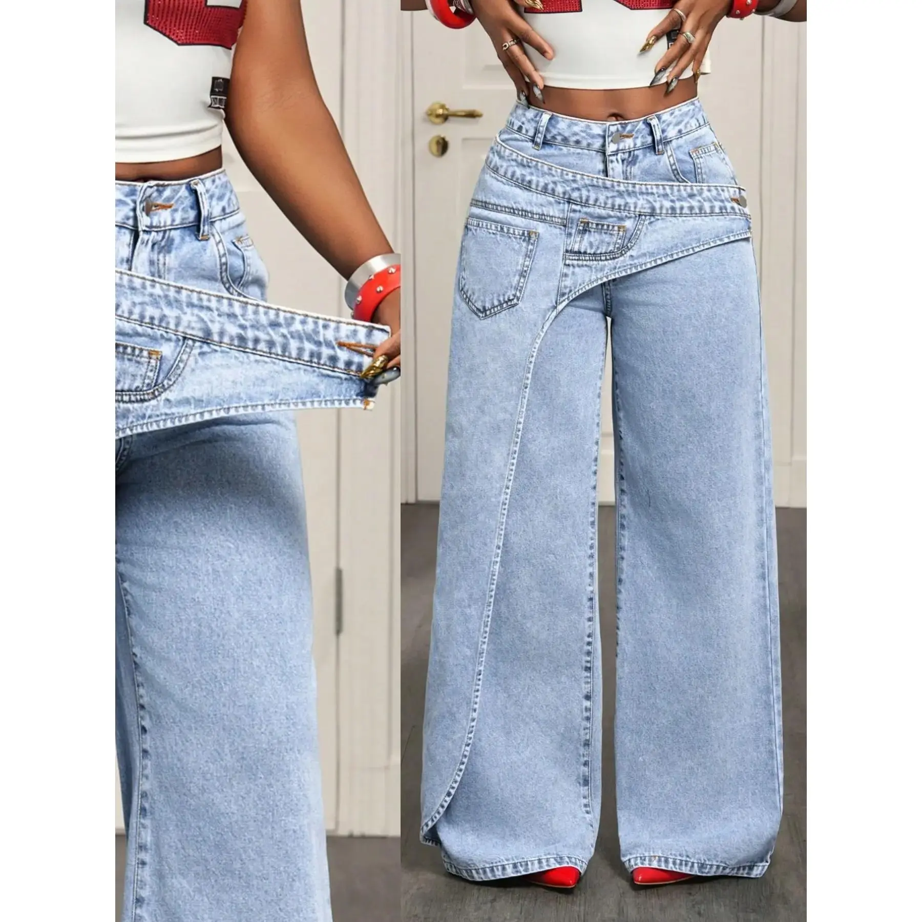 Women's Casual Denim Long Pants, Elegant Plain Pattern, Loose-Fitting, All-Season Fashion, Trendy Asymmetrical Design, Jeans