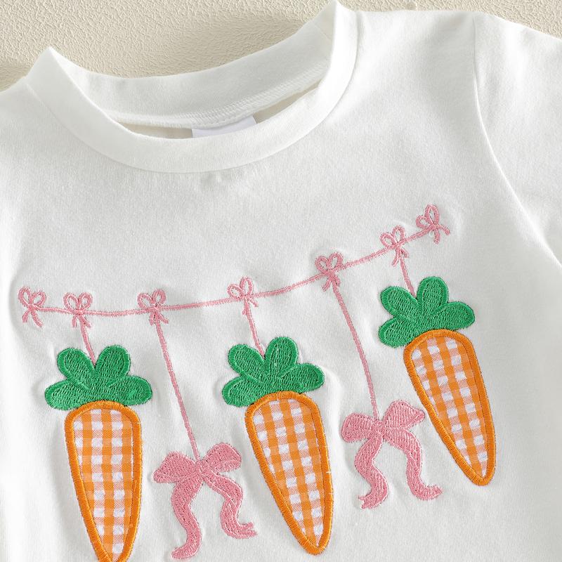 Toddler Baby Girls Easter Outfit Cute Carrot Embroidery Short Sleeve Tops with Plaid Pants 2Pcs Clothing Set