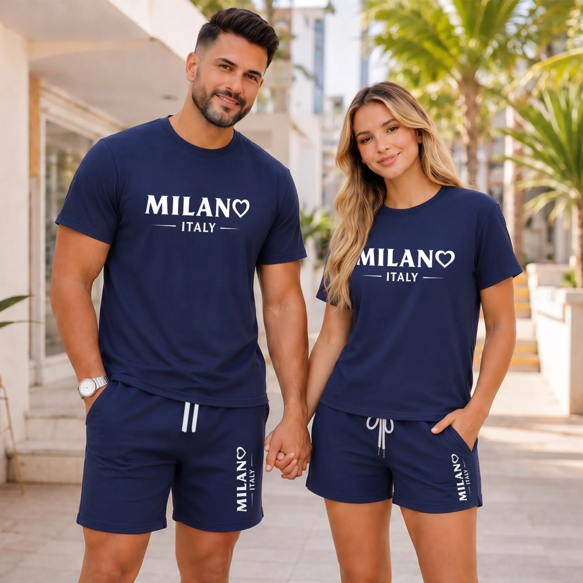 Couples Matching Milano Italy Graphic T-Shirt and Shorts Set, Heart Letter Print Summer Two Piece Outfit, Casual Short Sleeve Tee and Drawstring Shorts for Vacation, Streetwear, Travel, Date, Daily Wear