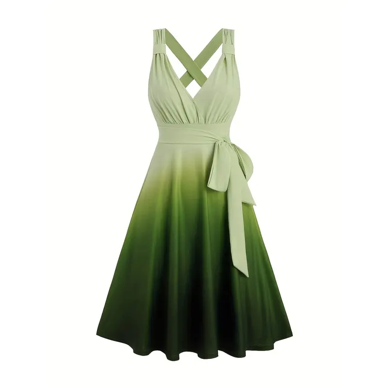 Women's Casual V-Neck Polyester Knit A-Line Dress - Medium Stretch, Chest Ruching, Ombre Gradient Print, Flowy Silhouette, Machine Washable for Spring Summer Occasion & Casual Wear