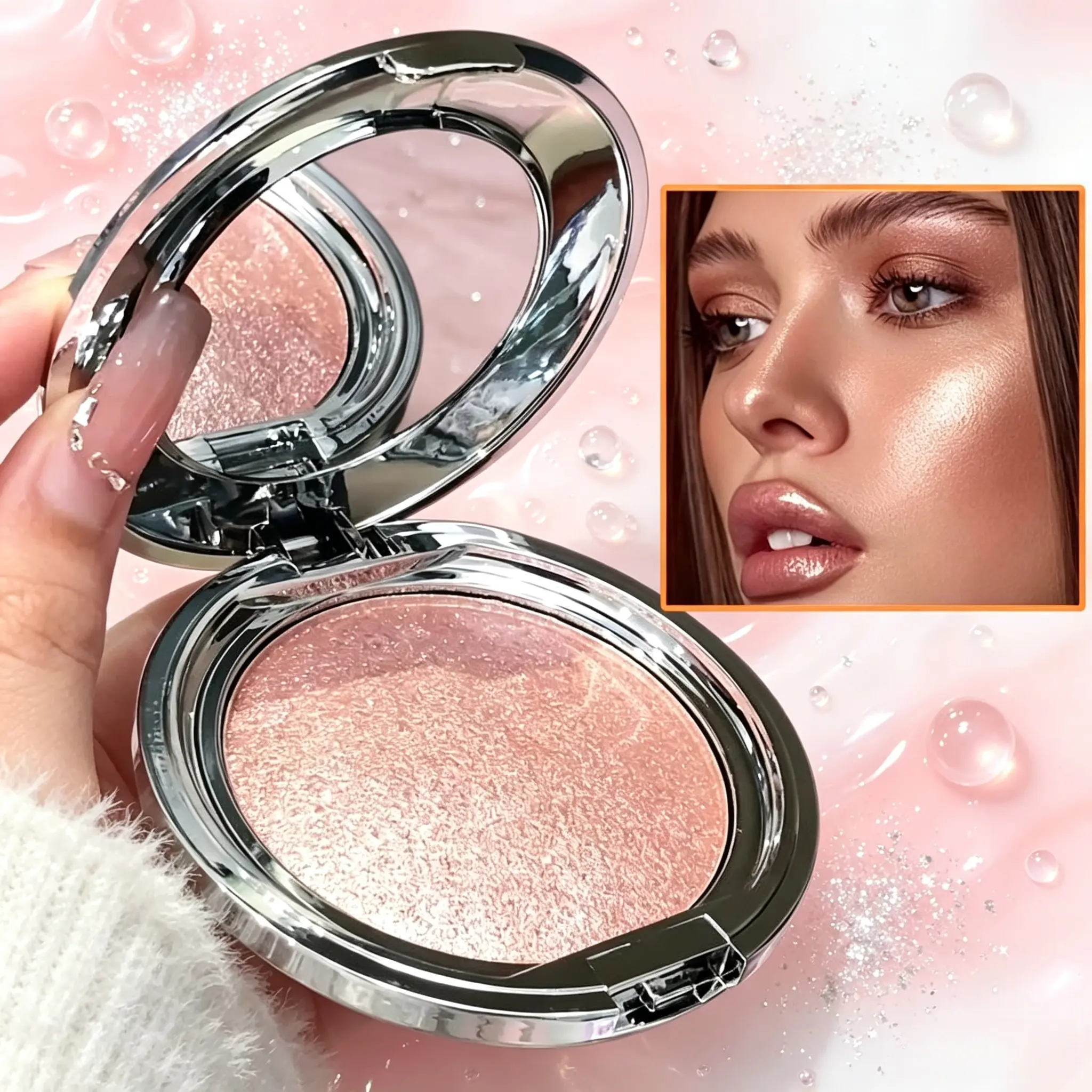 Mirror Round Case Baked Highlighter, 3 Shades Clear Diamond Shimmer, Pore-friendly, Beginner Highlighter Powder For Facial Contour