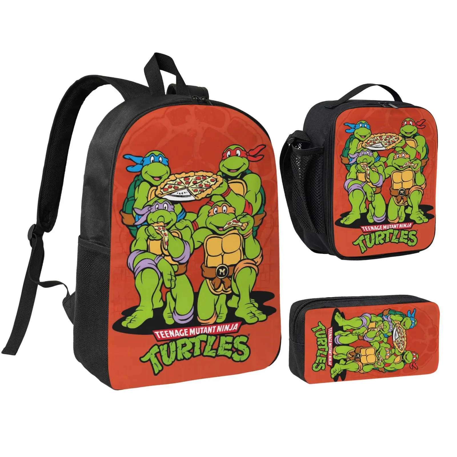 Unisex TMNT Graphic 3-Piece Polyester Backpack Set for Teens - Safe Foam-Padded School Bookbag with Lunchbox, Pencil Case & Adjustable Straps, Christmas Gift Bag