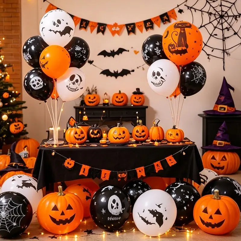 Halloween Party Supplies Set, Includes 15 Halloween Balloons, Balloon Glue Dots, Ribbon, Perfect for Festive Decorations, Indoor & Outdoor Use