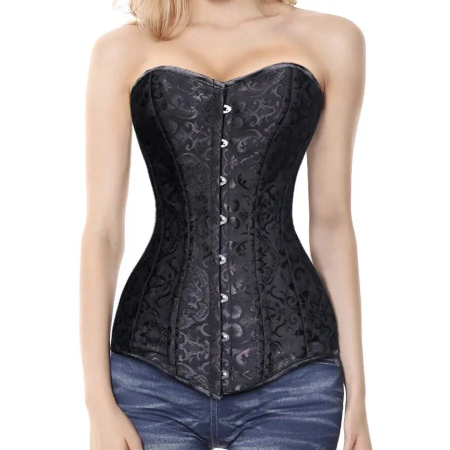 Women's 16-Steel Boned Long Torso Overbust Corset - Retro Floral Polyester Casual Dress Shapewear for Waist Training & Hourglass Figure Enhancement, Garment, Slim, Integrated Waist Trainer Shapewear Tops