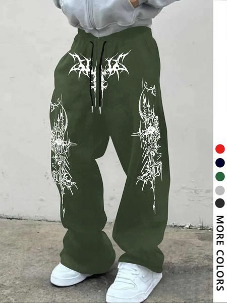 Men's Casual Slant Pocket Loose-Fit Drawstring Pants, Geometric Pattern Print Sweatpants, All-Season Comfortable Men's Clothing