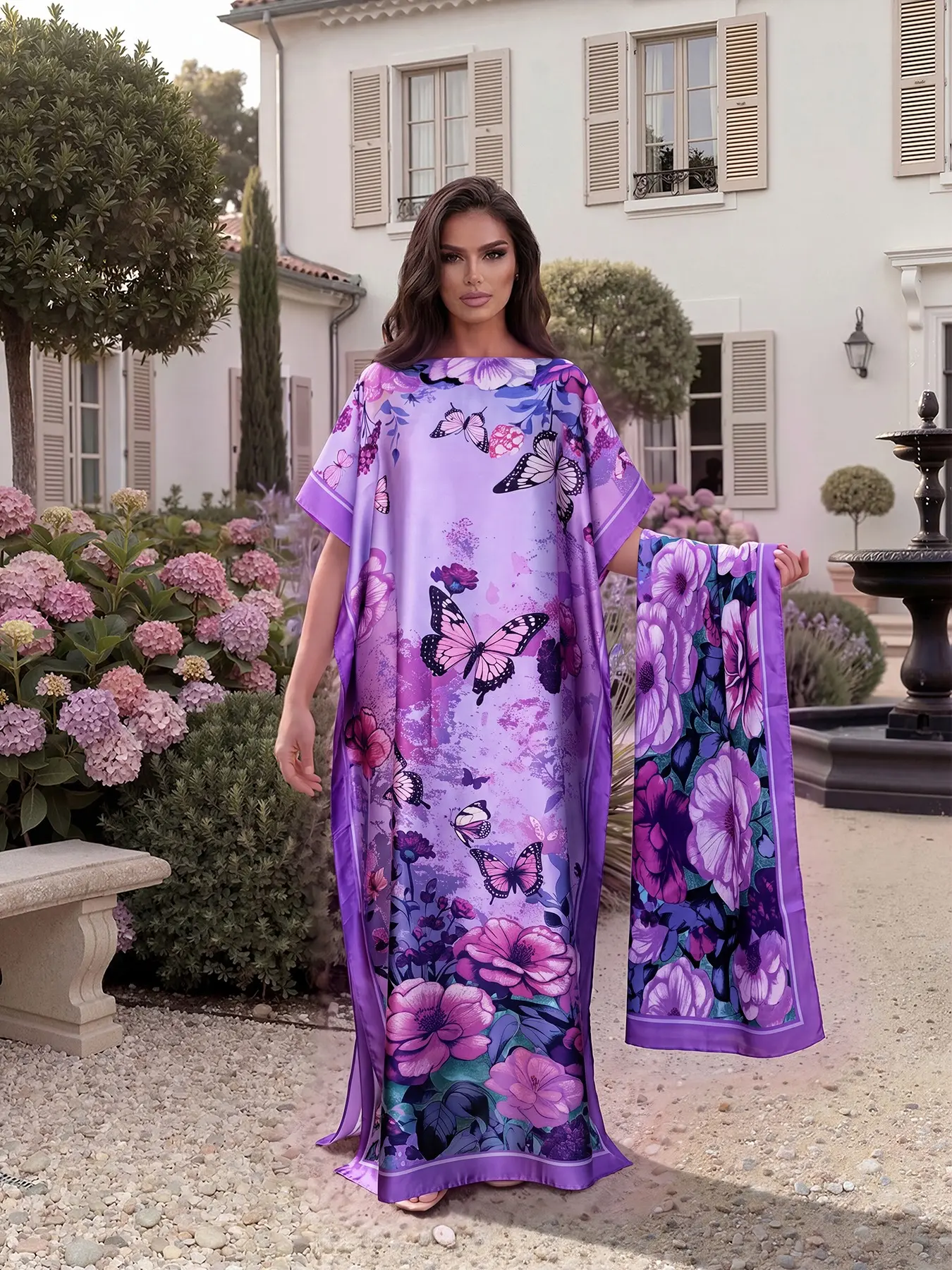 2 Piece Fashion Print Robe Set, Shawl and Headscarf, Sun Protection Silk Scarf, Casual Beachwear Beach Coverups for Women, All Seasons