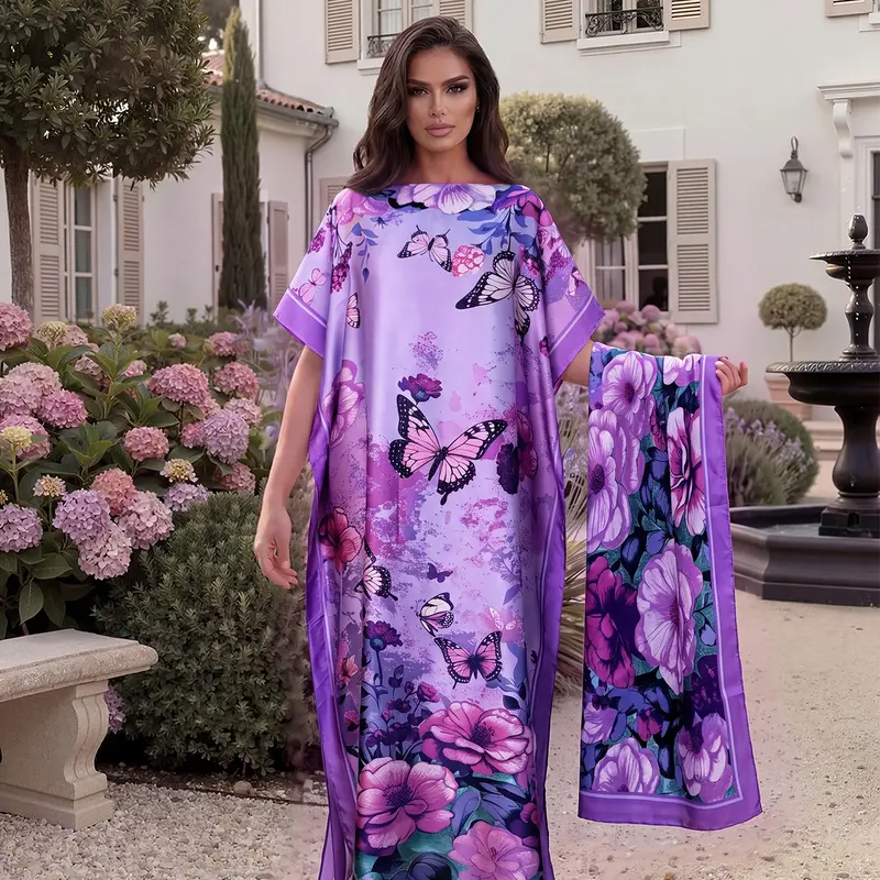 2 Piece Fashion Print Robe Set, Shawl and Headscarf, Sun Protection Scarf, Casual Beachwear for Women, Beach Coverups, Swimsuit Cover Up, All Seasons