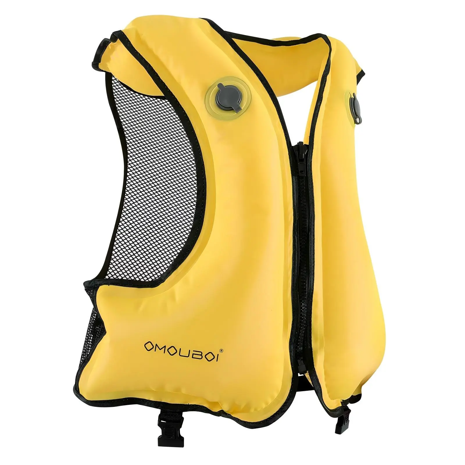 Adult Inflatable Life Vest, Front Zipper, Thickened PVC Airbag, Breathable Mesh, Foldable, Fluorescent Color, Adjustable Buckle, Waterproof。Foldable Inflatable Swimming Buoyancy Vest Dual Air Chamber Front Zip Float Aid for Snorkeling, Paddle Board, Beach