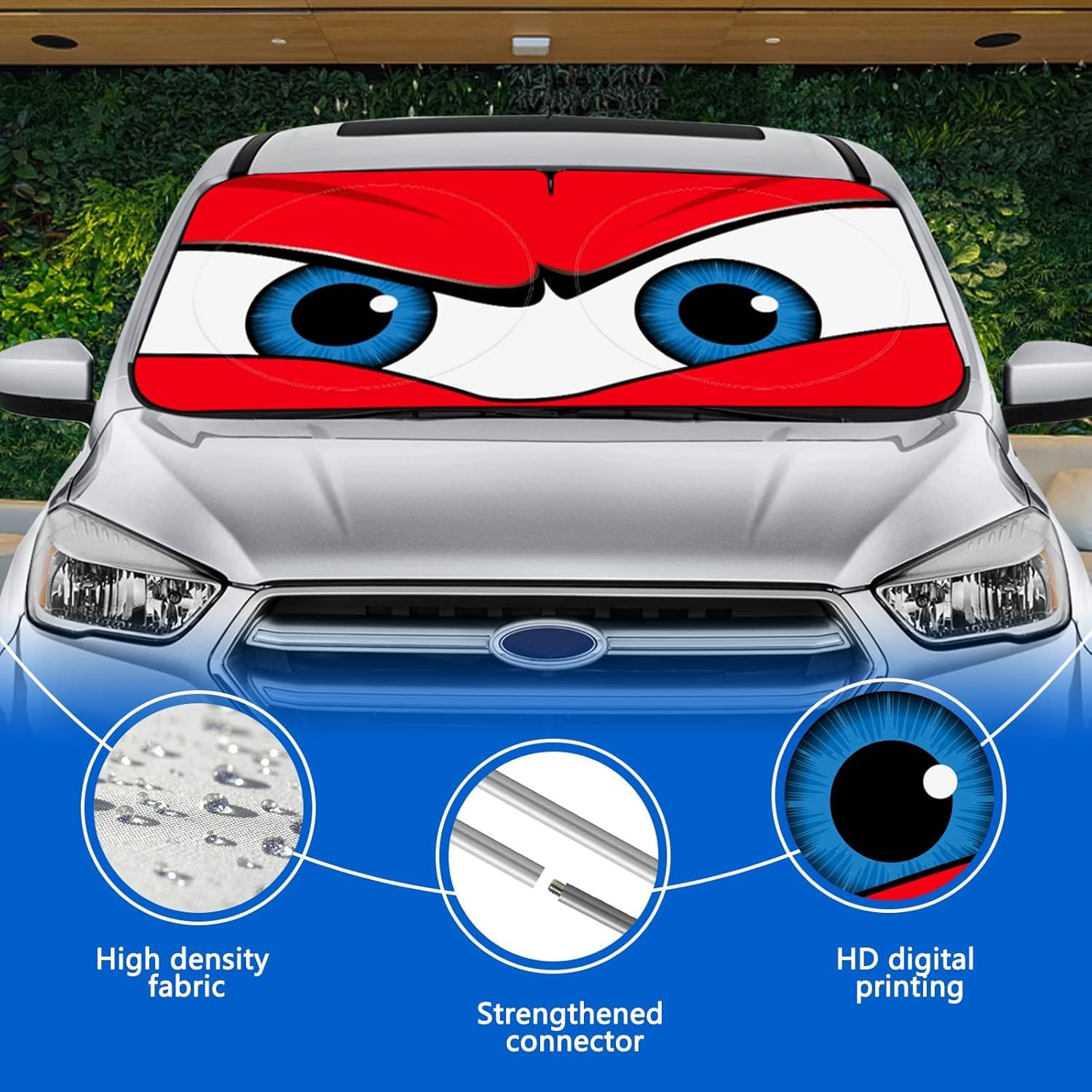 Windshield Sun Shade, Funny  Eyes Sun Visor - Wear-Resistant Black Tape, Foldable 59'x27.5'/63''x31.5''