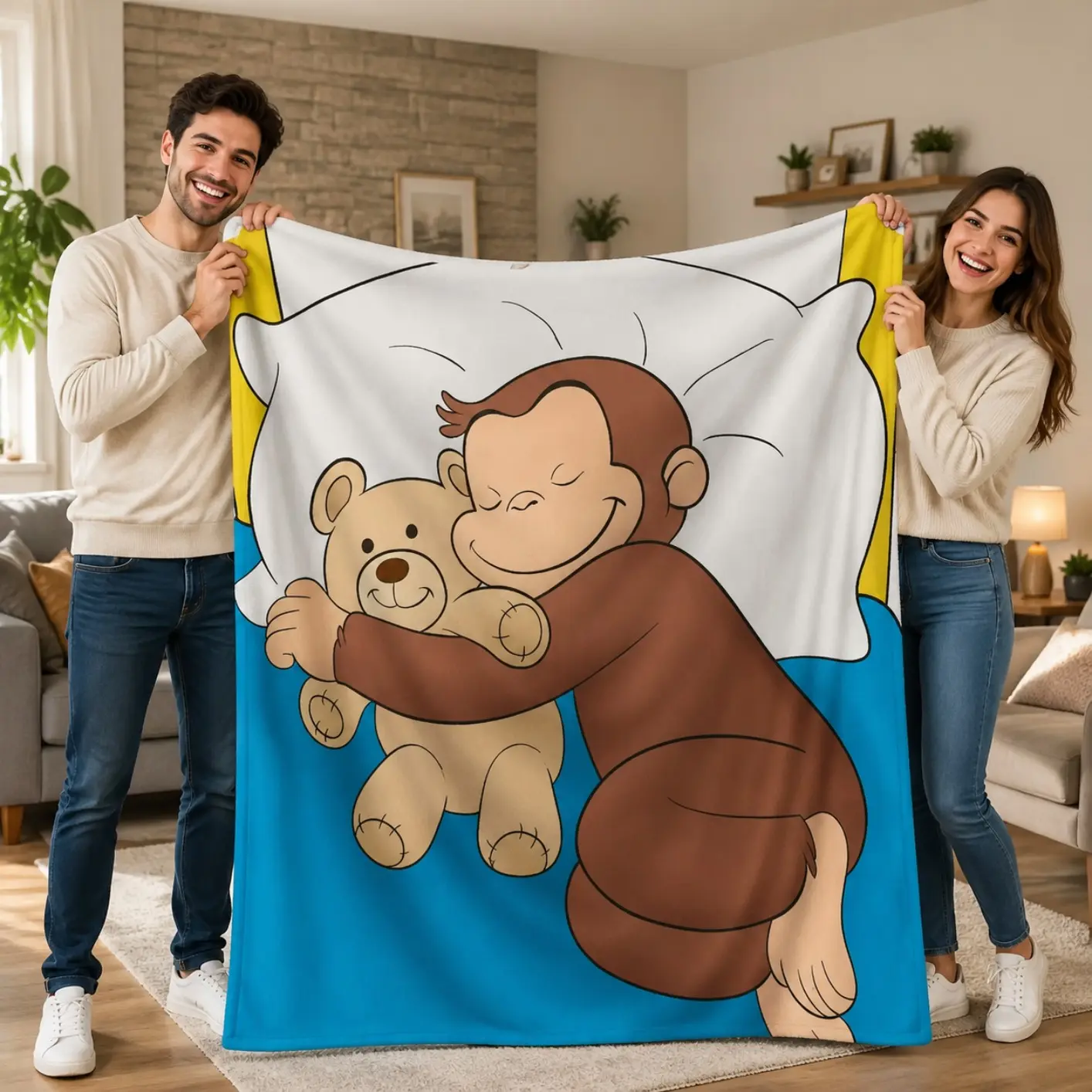 Curious George Inspired Cartoon Monkey Blanket Ultra Soft Flannel Throw Cozy Warm Skin Friendly Nap Blanket for Kids Room Bedroom Couch Sofa Pet Print Room Decor Birthday Christmas Gift for Fans