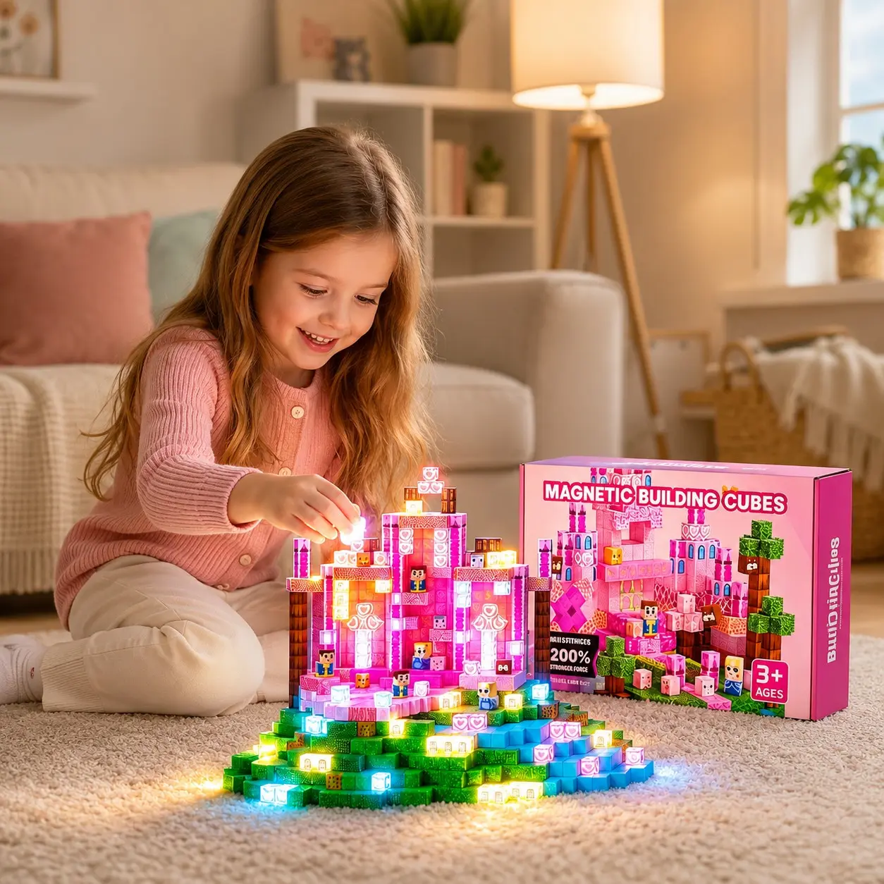 200pcs Glow Magnetic Blocks Toy Set, Princess Castle Scene, DIY Stem Puzzle Kit, Creative Building Toys for Kids Aged 3+, Birthday Gift