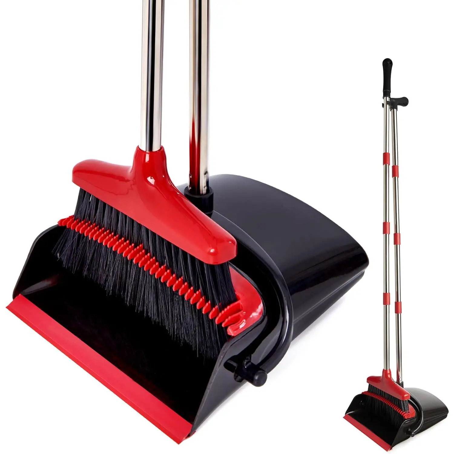Broom and Dustpan Set,54.72"Long Handle,Standing Dustpan,Black&Red |   Light Weight Stainless Steel Poles,Upright Dustpan with Broom Combo,for Home Kitchen Office Pet Dog Hair